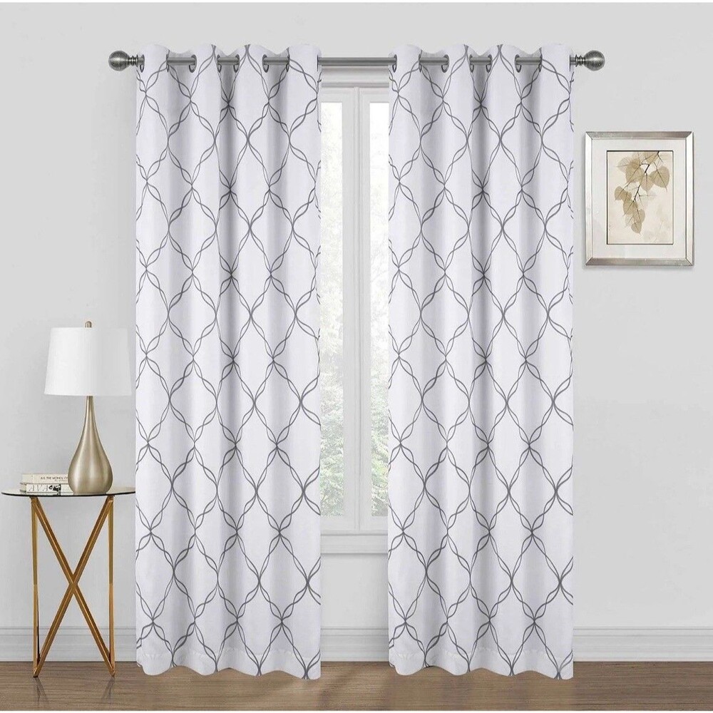 Set of 2 At Home White Gray Embroidered Grommet Curtain Panels 50x95 Polyester